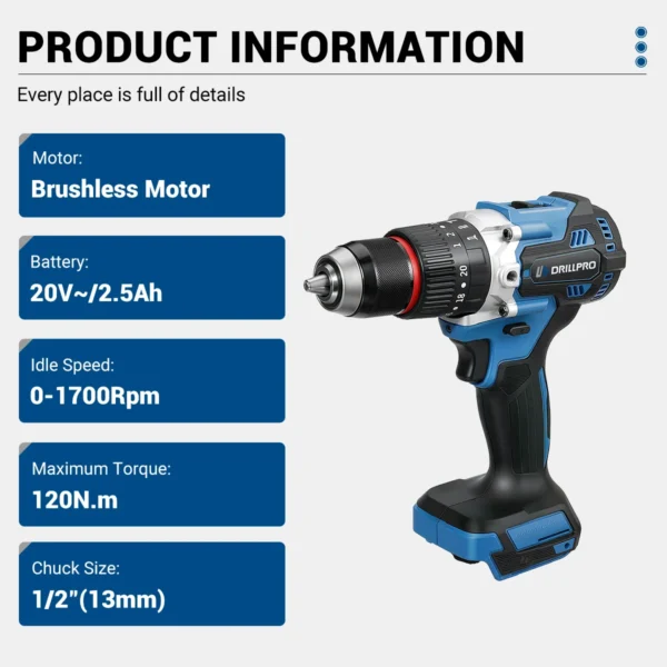 Drillpro 20V Brushless Cordless Drill 120Nm 13mm Chuck