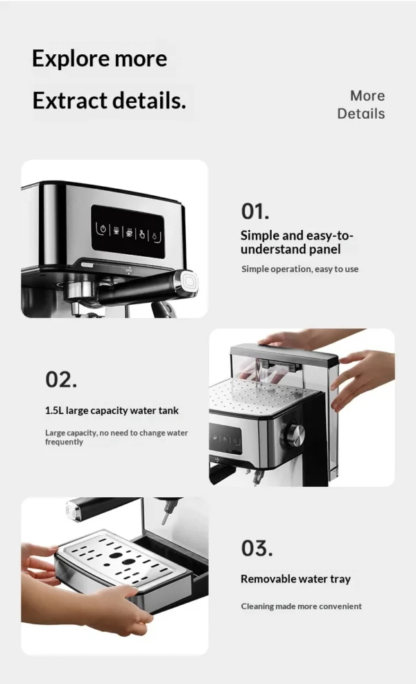 850W 20Bar Semi-Automatic Espresso Machine with Steam Wand