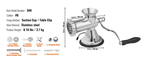 Manual Meat Grinder Stainless Steel Meat Mincer with Clamp
