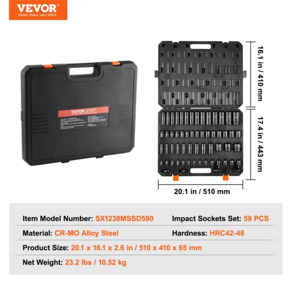 59-Pc Impact Socket Set SAE & Metric Cr-Mo Steel