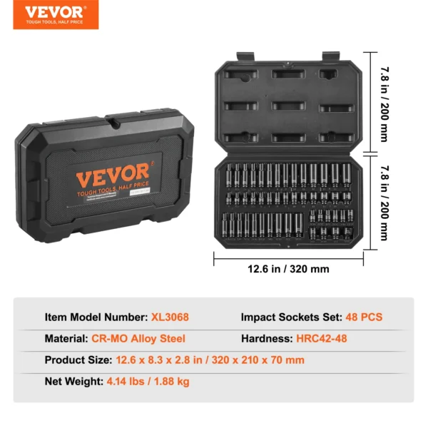 48 pieces Impact Socket Set, Deep & Shallow, Cr-Mo Steel