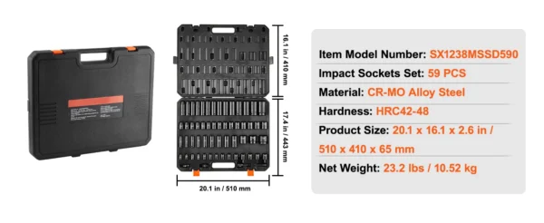 59-Pc Impact Socket Set SAE & Metric Cr-Mo Steel