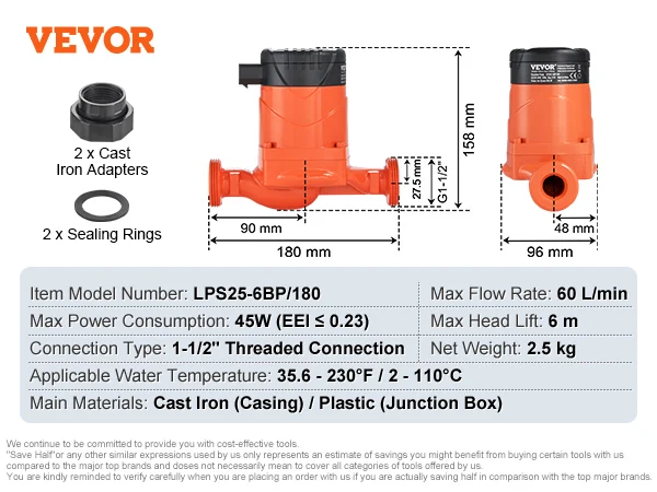 Hot Water Recirculating Pump 50–67L/min NPT