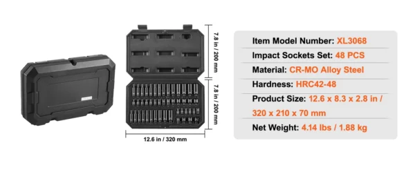 48 pieces Impact Socket Set, Deep & Shallow, Cr-Mo Steel