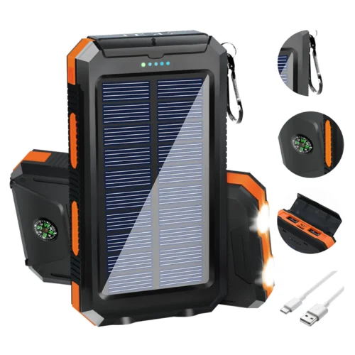 Solar Power Bank Waterproof Dual USB Charger with LED Flashlight