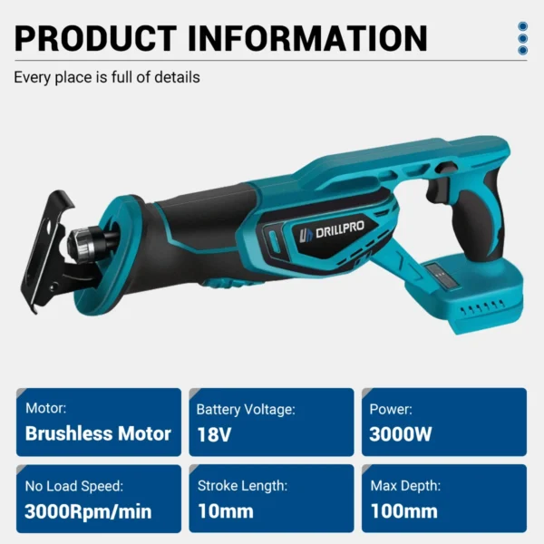 Brushless Reciprocating Saw, 3000RPM, 18V Battery Compatible