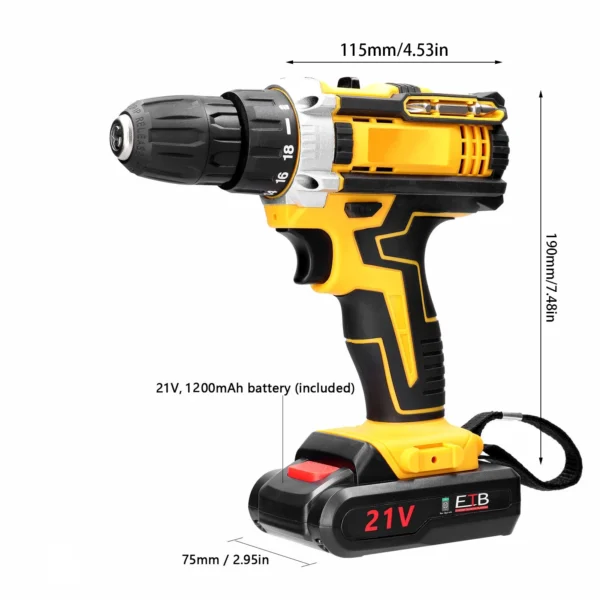 Battery-powered drill, 21 V, 2 speeds, 18 torque settings