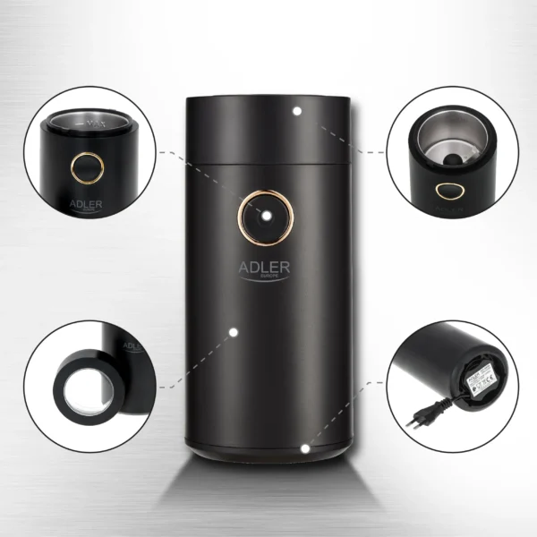 S9cbaff18060b49708e30af1b669da17bD.webp Adler Electric Coffee Grinder 150W, Black/Gold, 75