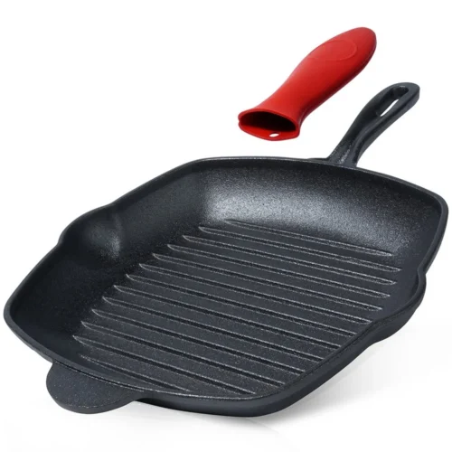 Sb2be65cb0546408eb255389913beaa21a.webp Cast Iron Square Grill Pan 28cm with Silicone Cove