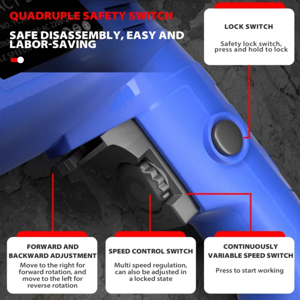 850W Rotary Hammer Drill, 2-in-1, Variable Speed