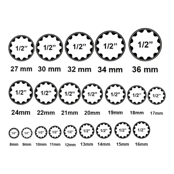 Multi-Tooth Socket Set 21pcs 1/2" 6/12 Points 8-36